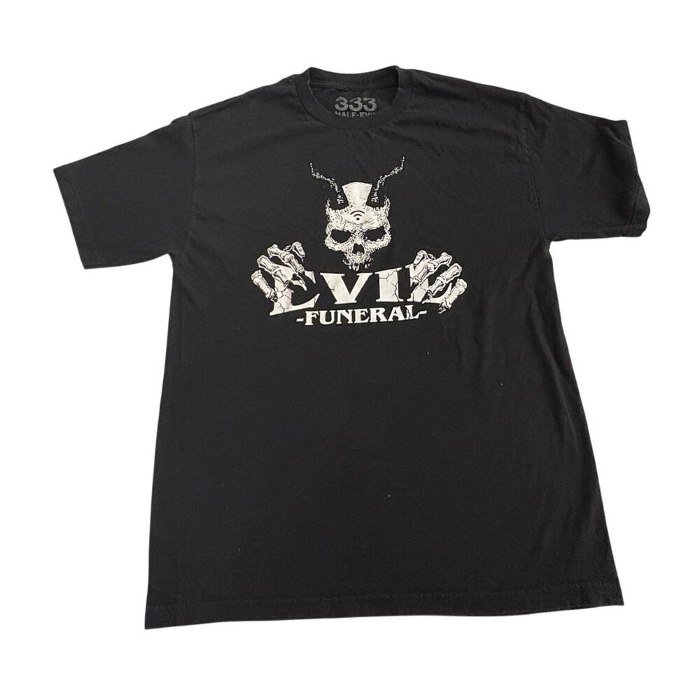 Half Evil 333 Y2K Graphic T-Shirt Wifisfuneral Skull Print Faded Black Tee L